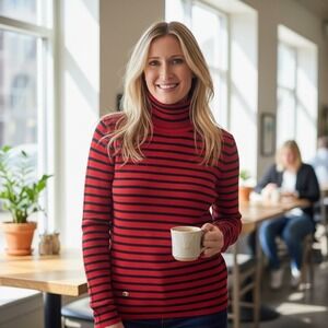 Lauren Ralph Lauren Red Black Striped Ribbed Turtleneck Sweater XL Gold Logo